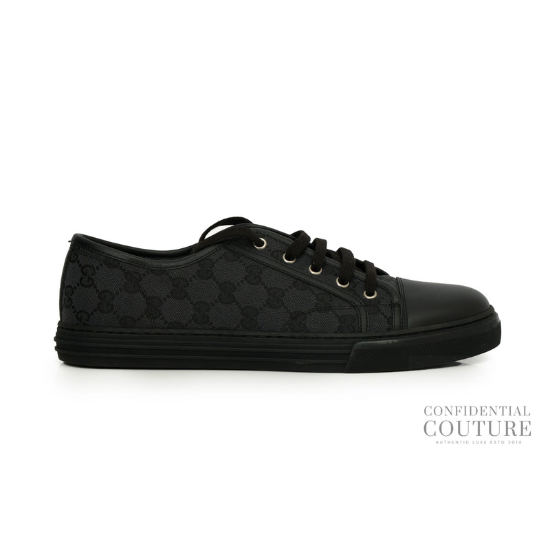 Pre-loved Gucci GG Canvas Cap Toe Black Leather Low Top Sneakers | 9.5 | EU 43.5 | US 10