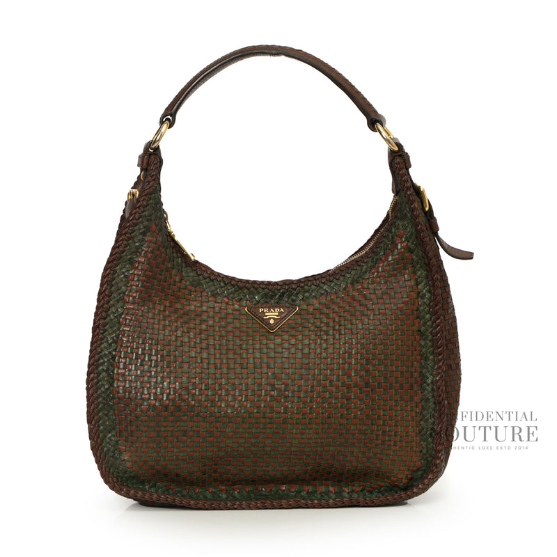 Secondhand Prada Brown/Green Woven Leather Madras Hobo Bag