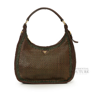 Brown/Green Woven Leather Madras Hobo Bag