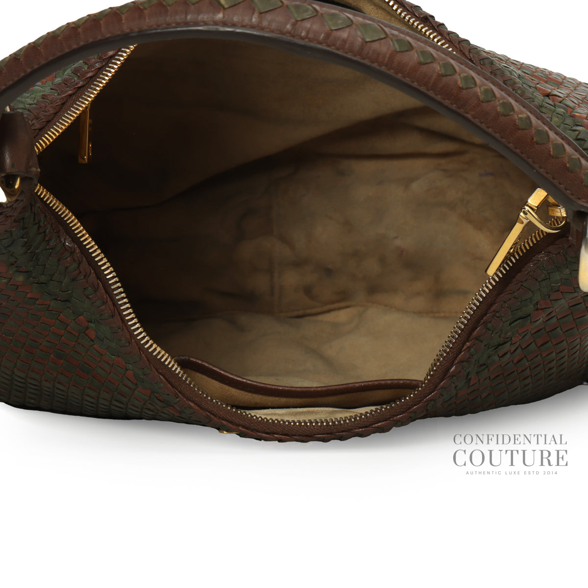 Brown/Green Woven Leather Madras Hobo Bag