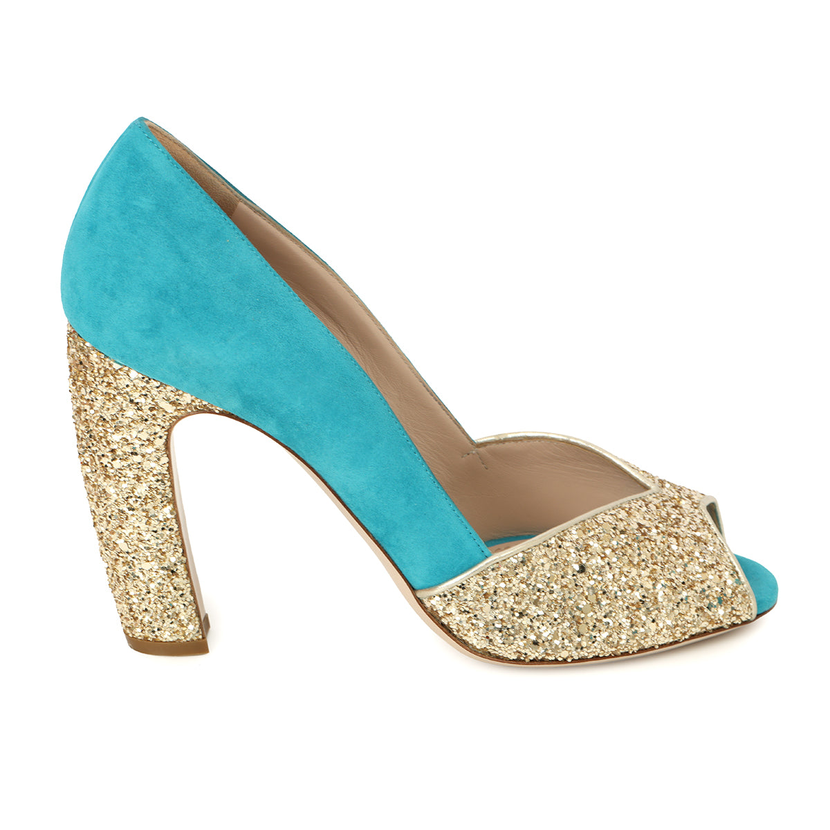 Aqua & Gold Suede Peep Toe Sandals EU 36.5