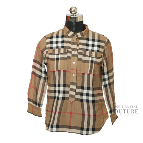 Camel Check Pattern 100% Cotton Top For Women XL | UK 16 | US 14 | IT 48