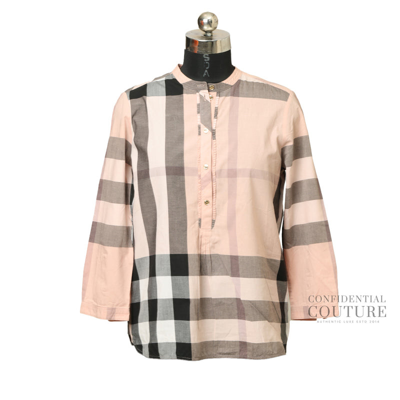 pre-loved Burberry Pink Check Patterned Frill Detailing 100% Cotton Top For Women UK-12 | USA-10
