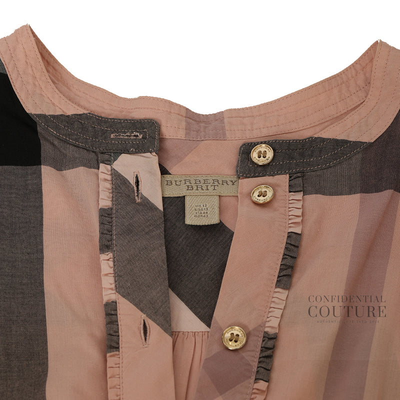 pre-loved Burberry Pink Check Patterned Frill Detailing 100% Cotton Top For Women UK-12 | USA-10
