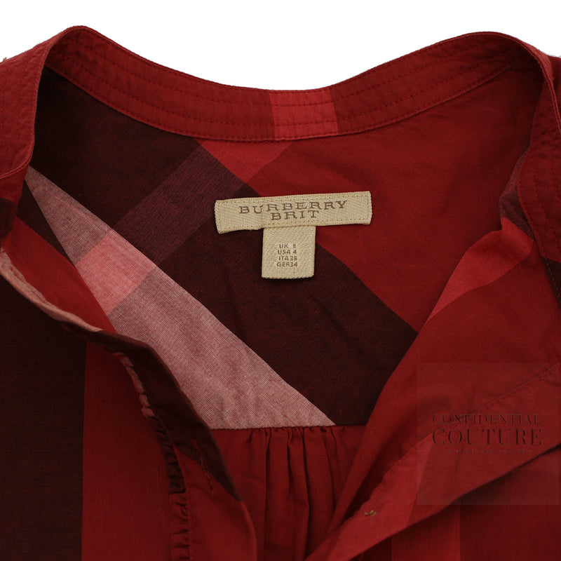 pre-loved Burberry Red Check Patterned Frill Detailing 100% Cotton Top For Women UK 6 | USA 4