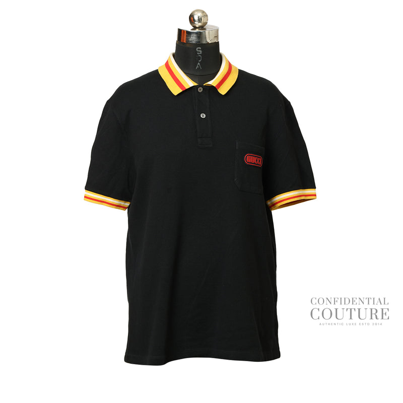Gucci Black Polo T-shirt With a Yellow And Red Striped Collar- XXL