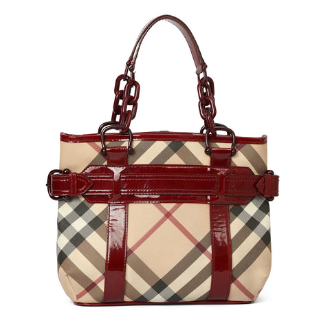 Berry Patent Leather Supernova Check Coated Canvas Tote