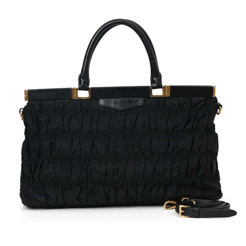 Prada Black Gaufre Tessuto Nylon Frame Shopping Tote Bag