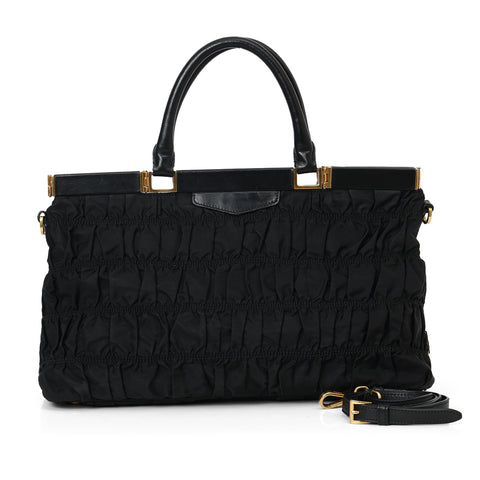 Black Gaufre Tessuto Nylon Frame Shopping Tote Bag