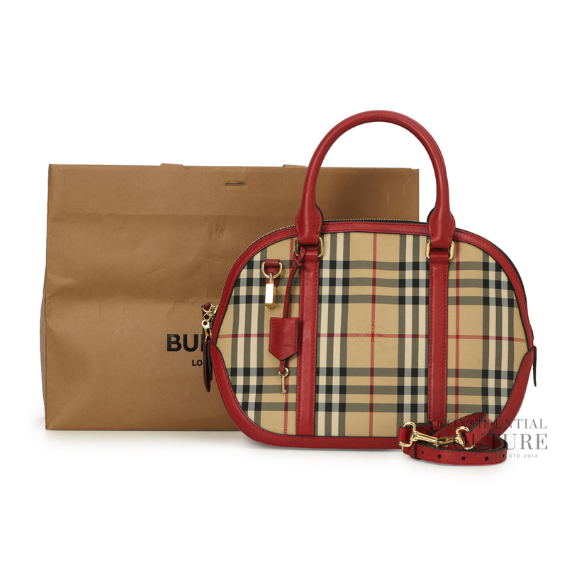 Women Burberry Leather House Check Canvas Small Orchard Bowling Bag