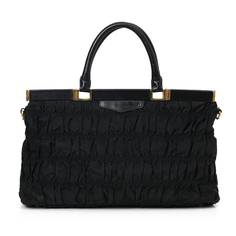 Pre-loved Prada Black Gaufre Tessuto Nylon Frame Shopping Tote Bag