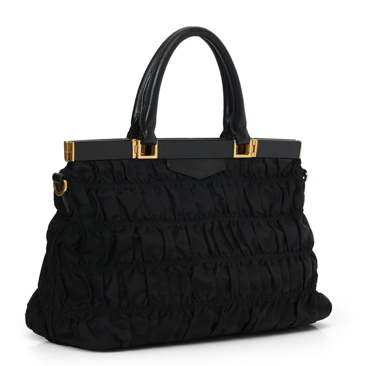 Black Gaufre Tessuto Nylon Frame Shopping Tote Bag