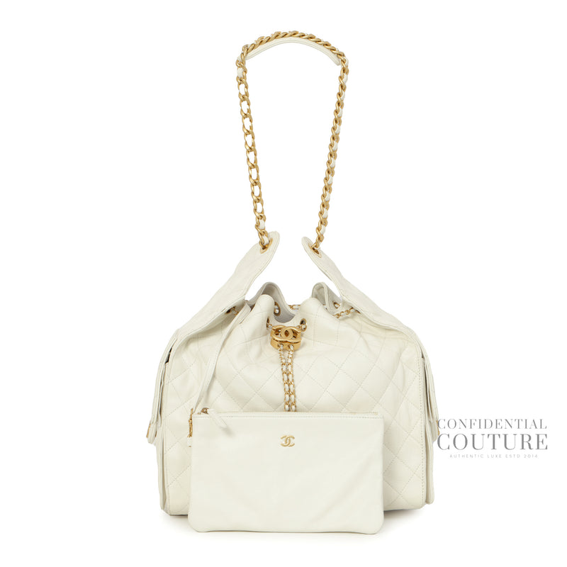 25 White Medium Grained Calfskin & Gold-Tone Metal Handbag
