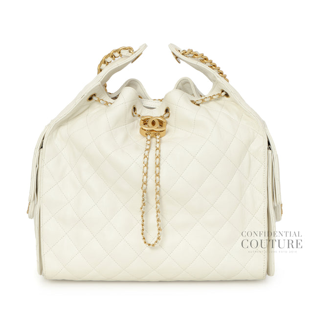 25 White Medium Grained Calfskin & Gold-Tone Metal Handbag