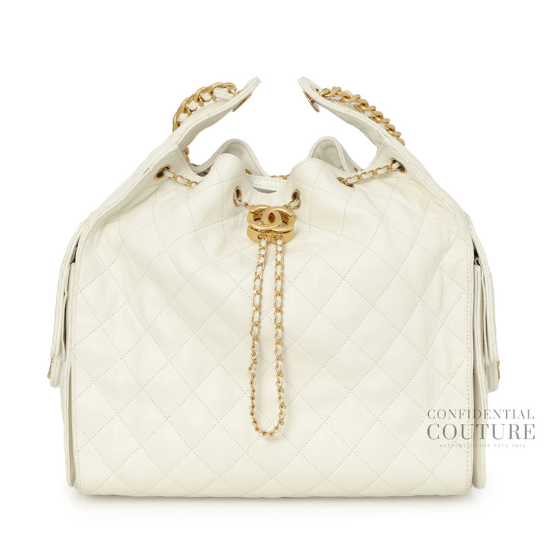 25 White Medium Grained Calfskin & Gold-Tone Metal Handbag