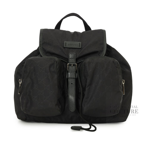 GG Black Nylon Drawstring Backpack