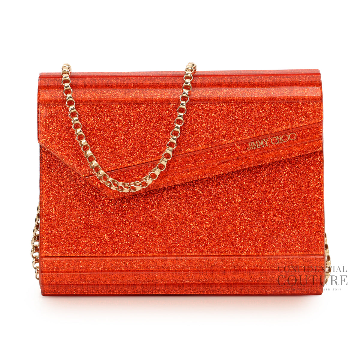 Candy Red Fine Glitter Clutch With Chain Strap