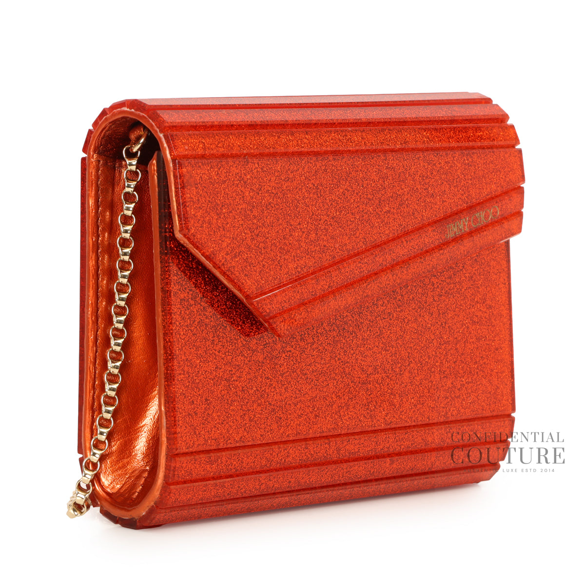 Candy Red Fine Glitter Clutch With Chain Strap