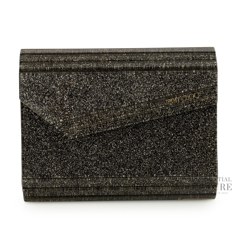 Pre-loved Jimmy Choo Candy Dark Grey Fine Glitter Clutch With Chain Strap