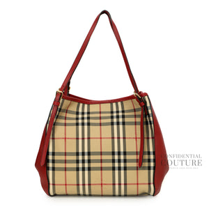 Haymarket Check Coated Canvas and Leather Beige/Red Small Tote Bag
