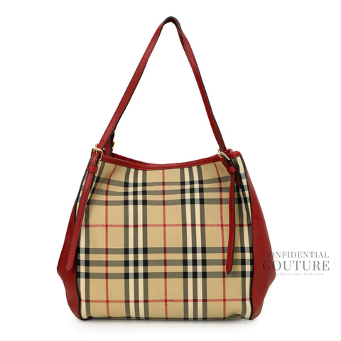 Haymarket Check Coated Canvas and Leather Beige/Red Small Tote Bag