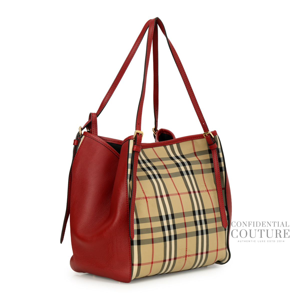 Haymarket Check Coated Canvas and Leather Beige/Red Small Tote Bag