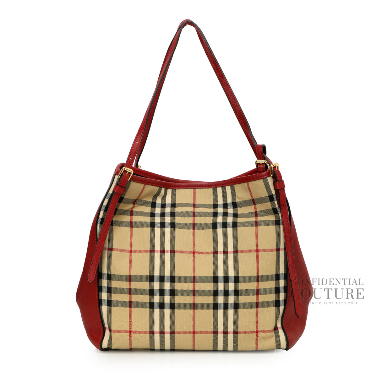 Haymarket Check Coated Canvas and Leather Beige/Red Small Tote Bag