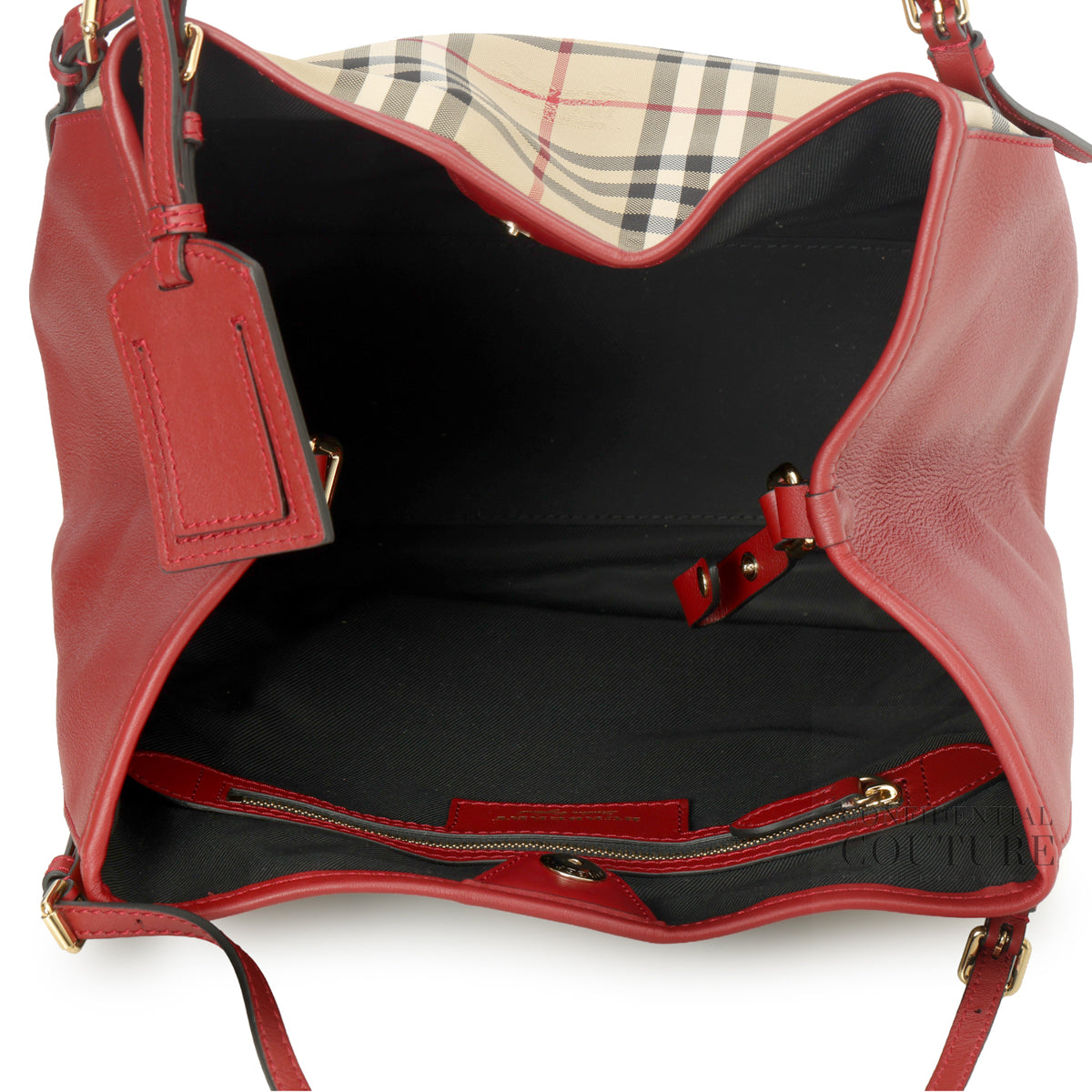 Haymarket Check Coated Canvas and Leather Beige/Red Small Tote Bag