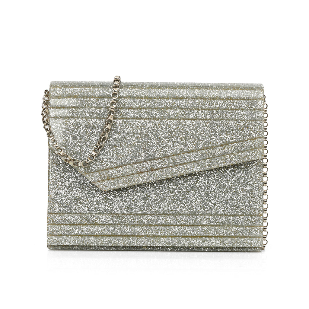 Shop Pre‑Owned Jimmy Choo Candy Silver Glitter Clutch Bag