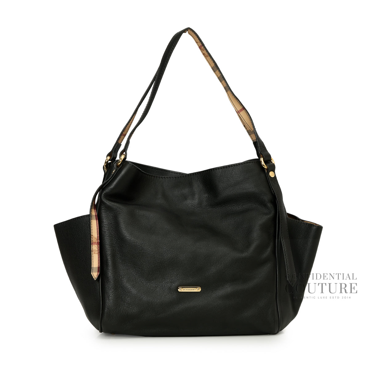 House Check Canvas Black Soft Leather Tote Bag