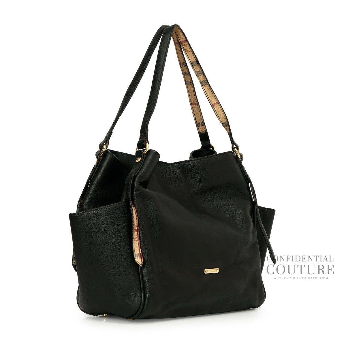 House Check Canvas Black Soft Leather Tote Bag