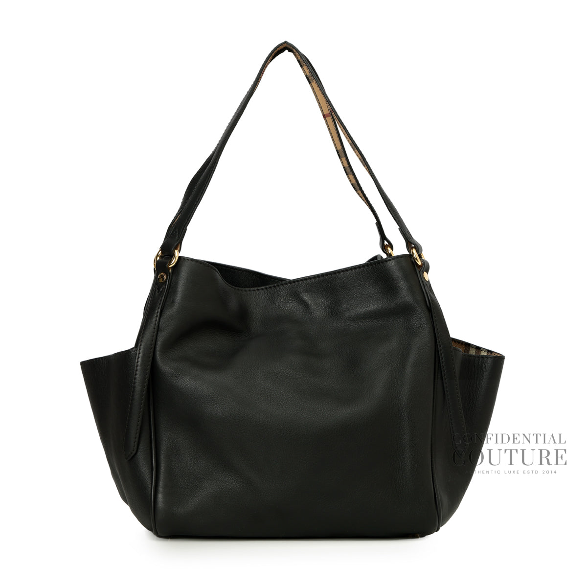 House Check Canvas Black Soft Leather Tote Bag