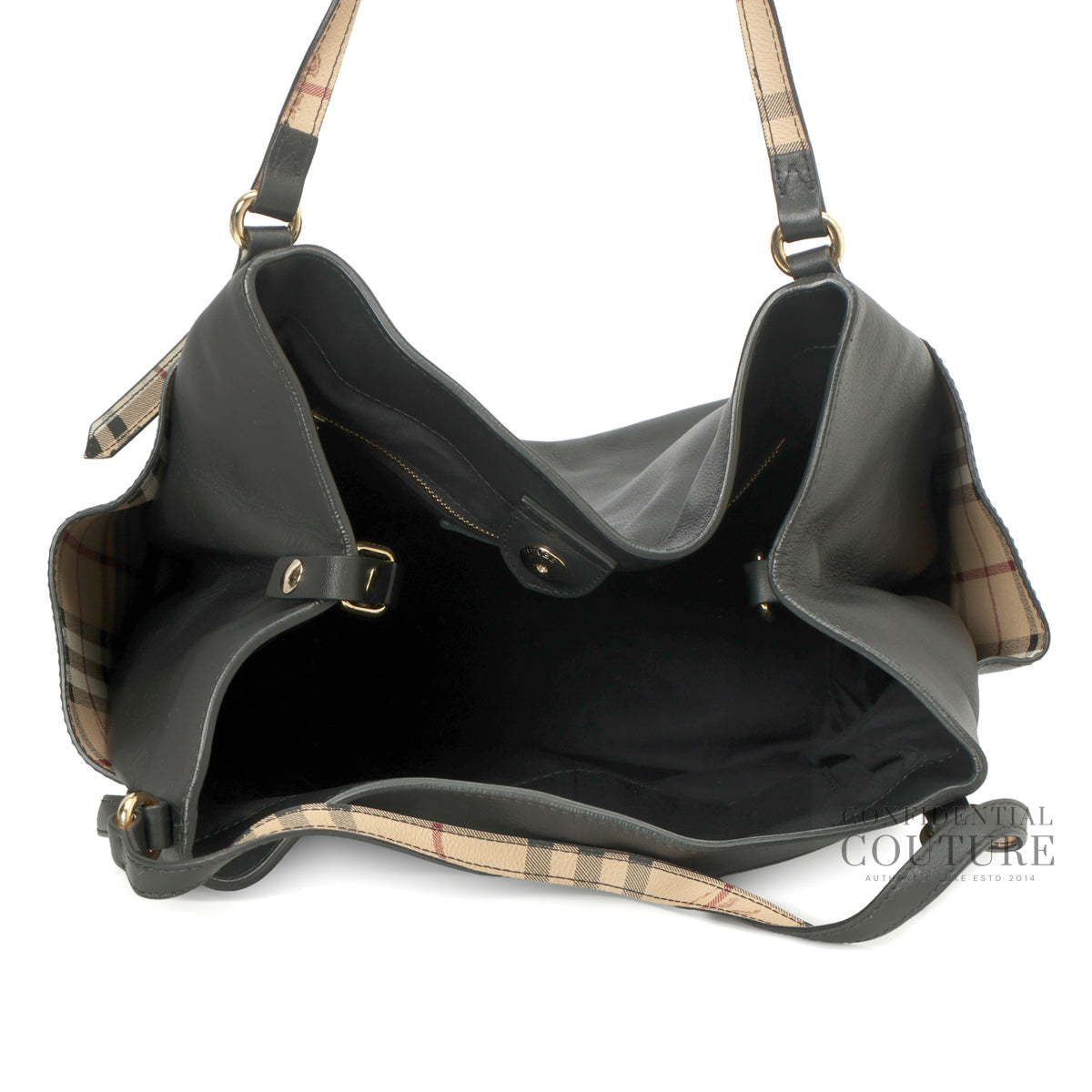 House Check Canvas Black Soft Leather Tote Bag