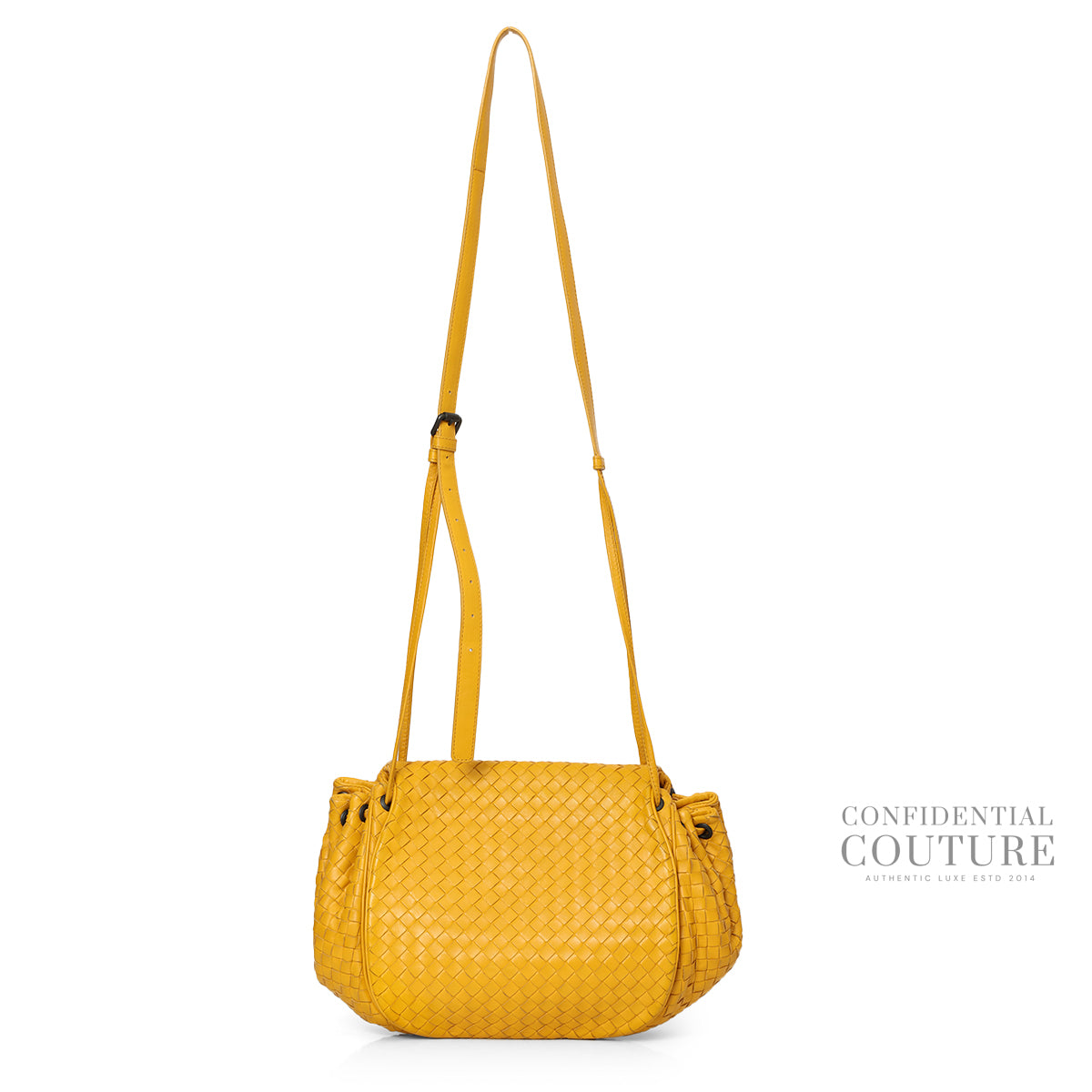 Mustard Drawstring Intrecciato Leather Messenger Bag