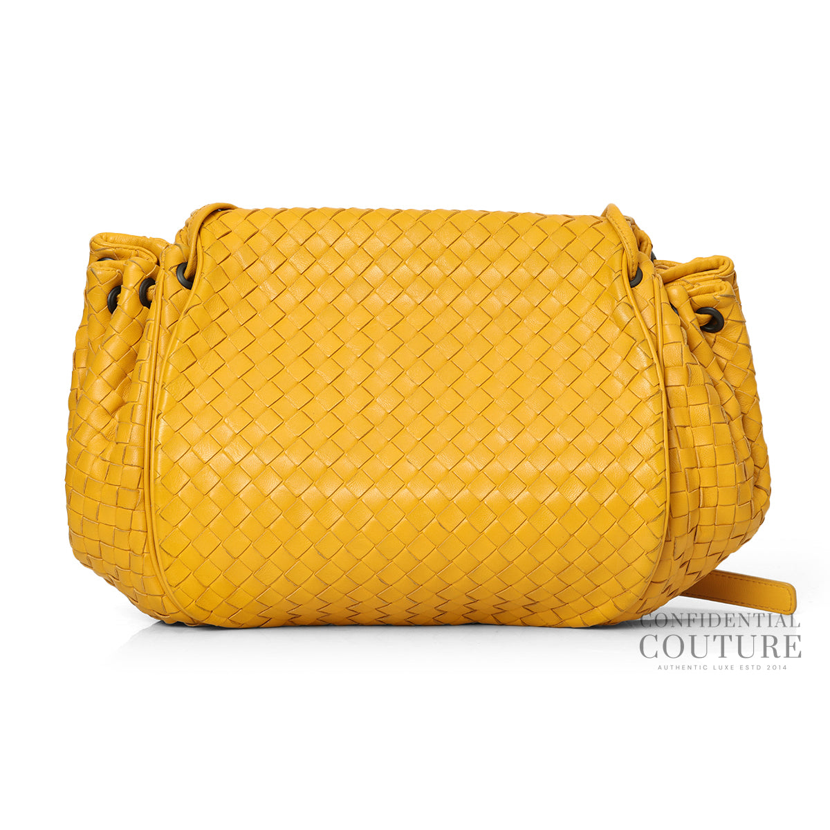 Mustard Drawstring Intrecciato Leather Messenger Bag