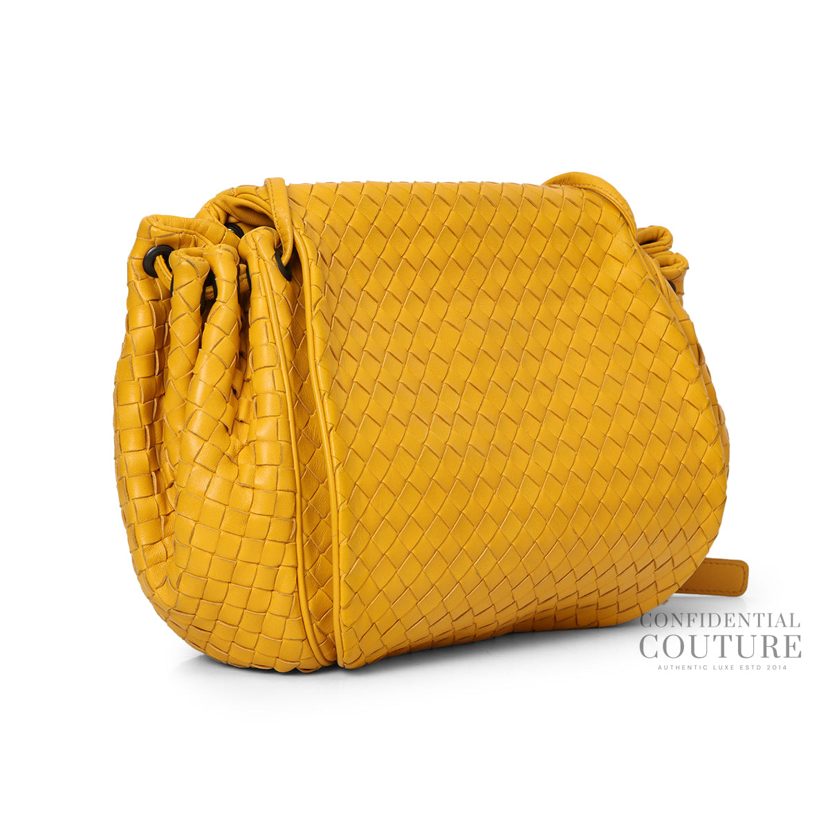 Mustard Drawstring Intrecciato Leather Messenger Bag