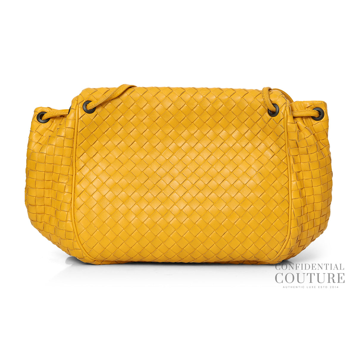 Mustard Drawstring Intrecciato Leather Messenger Bag