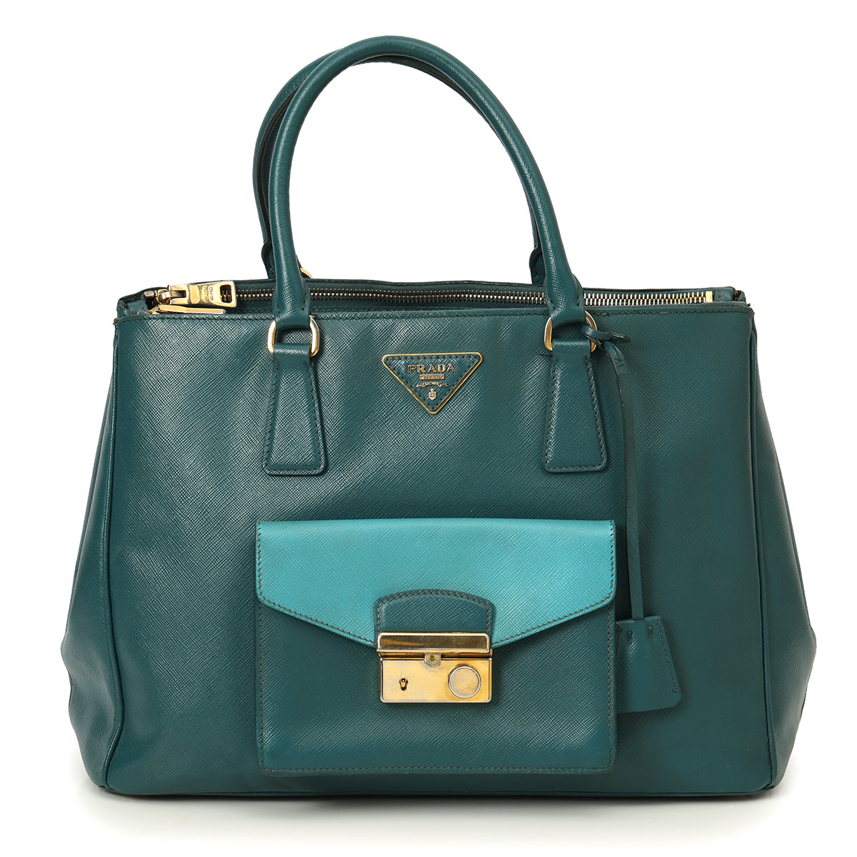 Green/Turquoise Bi-Color Saffiano Lux Leather Pocket Tote Bag