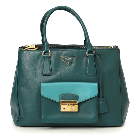 Green/Turquoise Bi-Color Saffiano Lux Leather Pocket Tote Bag