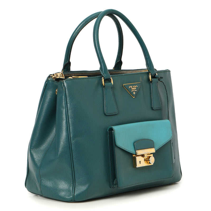 Pre-loved Prada Green/Turquoise Bi-Color Saffiano Lux Leather Pocket Tote Bag