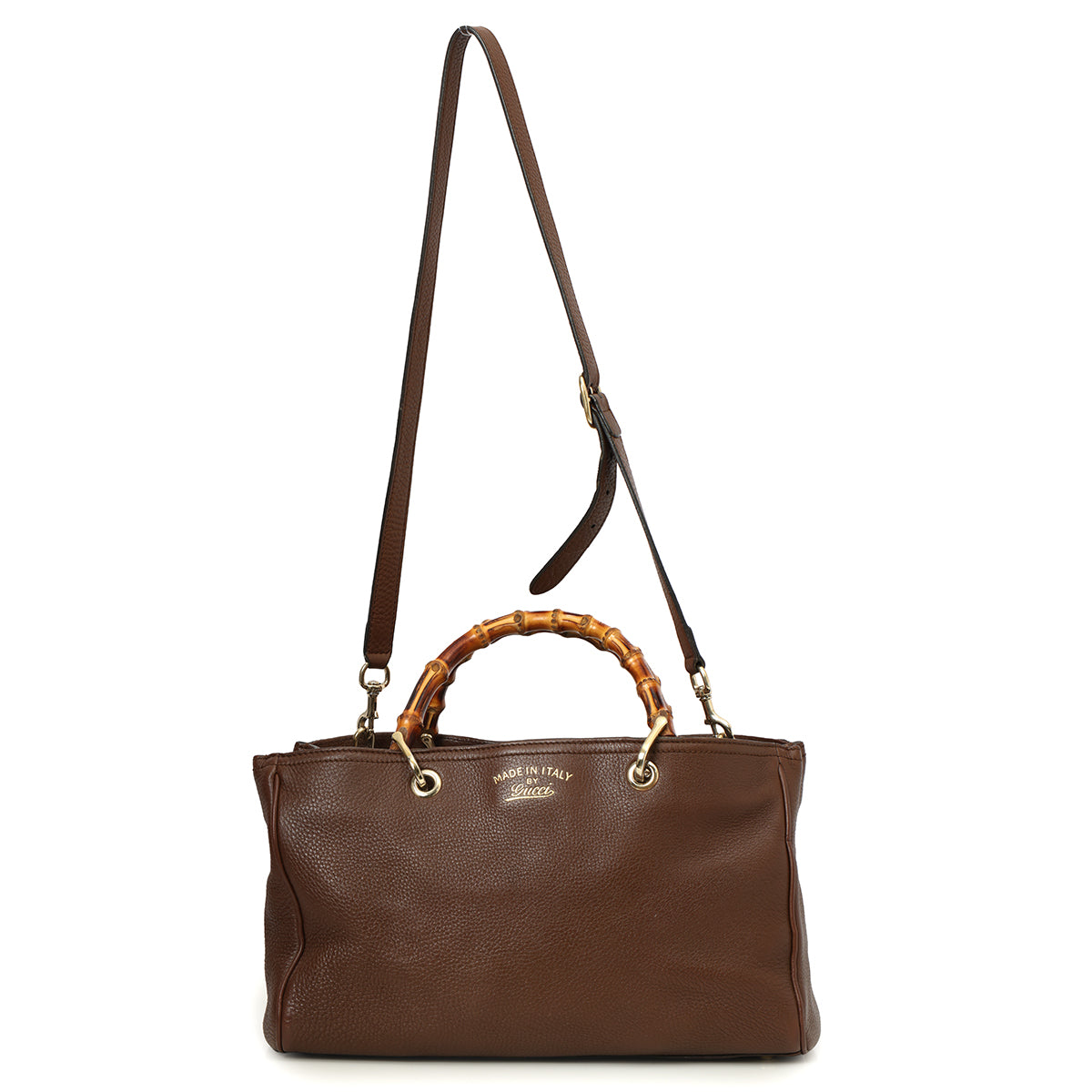 Brown Pebbled Leather Bamboo Top Handle Medium Tote Bag