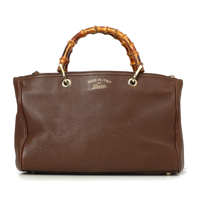 Pre-loved Gucci Brown Pebbled Leather Bamboo Top Handle Medium Tote Bag