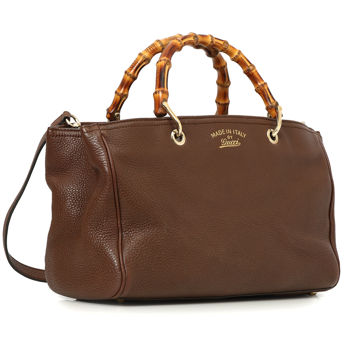 Brown Pebbled Leather Bamboo Top Handle Medium Tote Bag