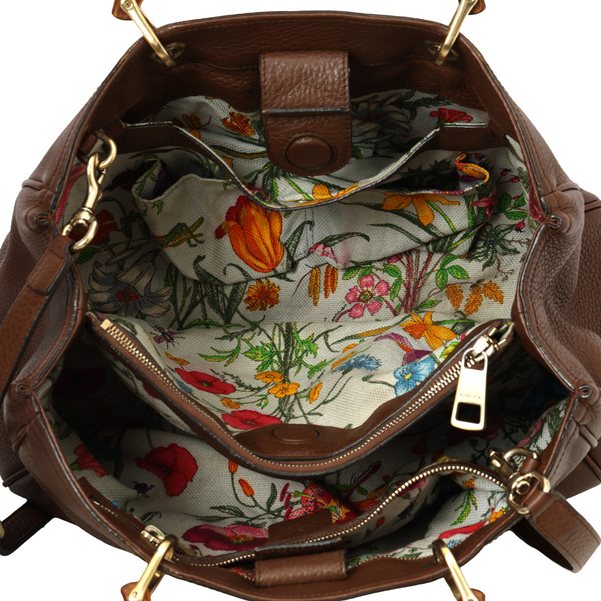 Brown Pebbled Leather Bamboo Top Handle Medium Tote Bag