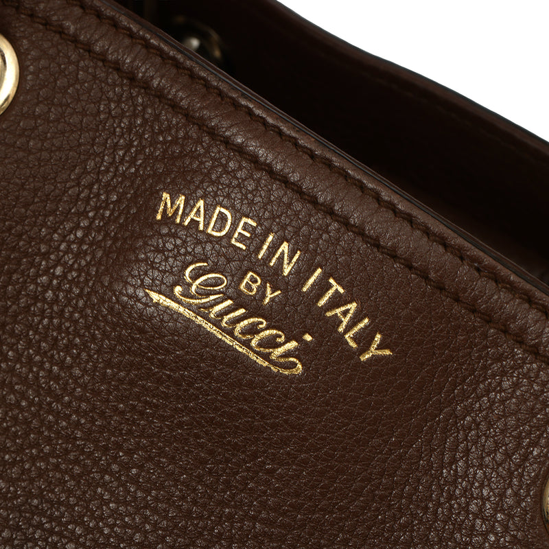women Gucci Brown Pebbled Leather Bamboo Top Handle Medium Tote Bag