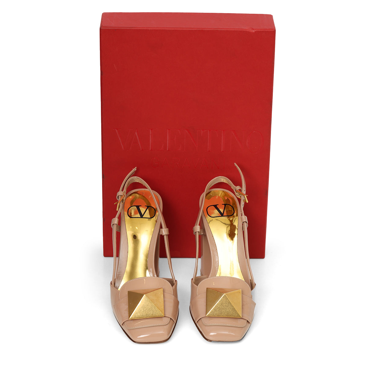 Nude Rose Rockstud Accents Patent Leather Slingback Pumps- EU 36