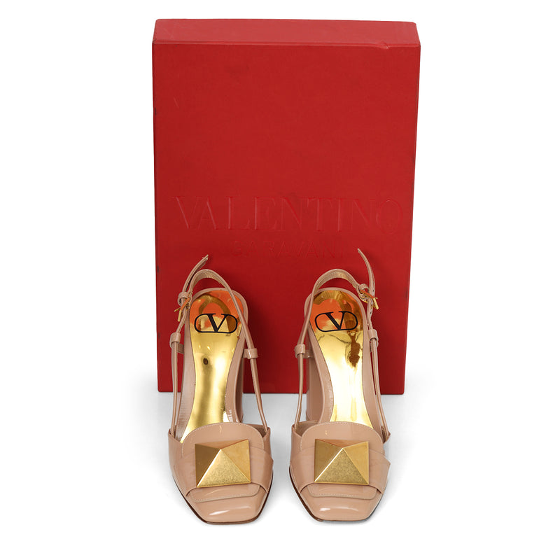 Nude Rose Rockstud Accents Patent Leather Slingback Pumps- EU 36