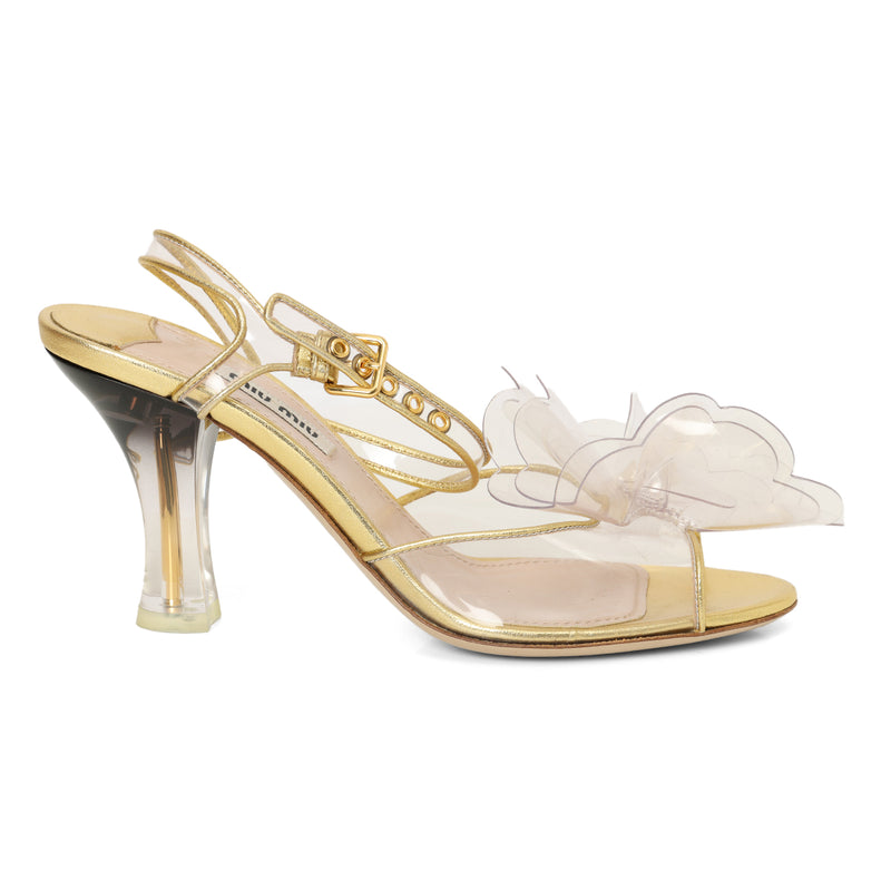 Miu Miu PVC Leather Trim Gold & Transparent Embellishment Sandals- Eu 36