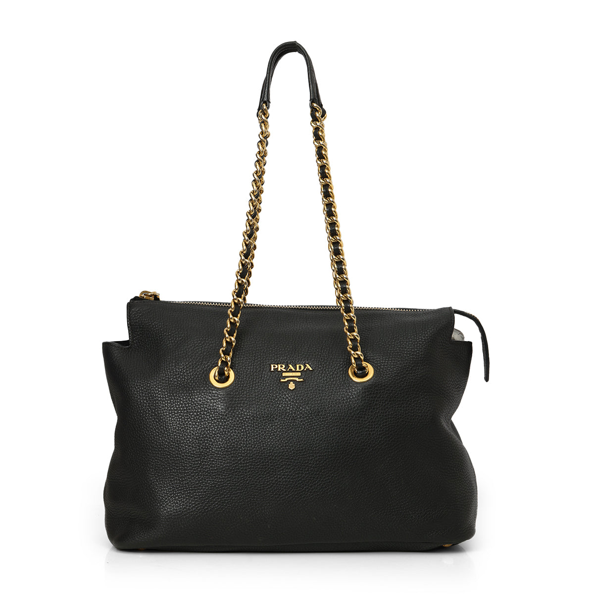 Black Pebbled Leather Chain Tote Bag