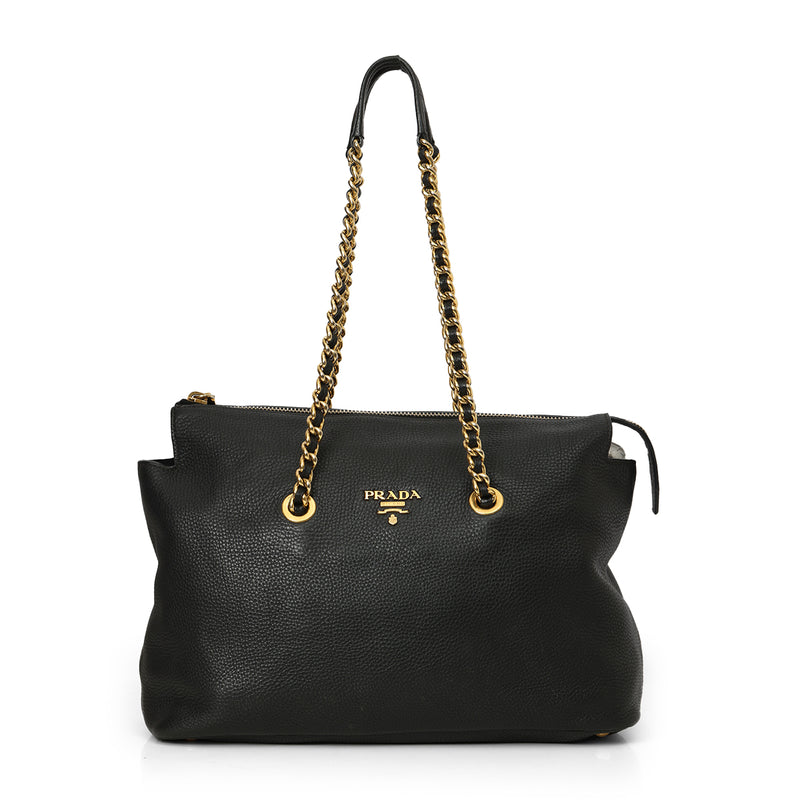 Black Pebbled Leather Chain Tote Bag